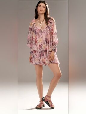 Anthropologie nwt size medium Mare Mare Long-Sleeve Mini Dress pink floral Chic